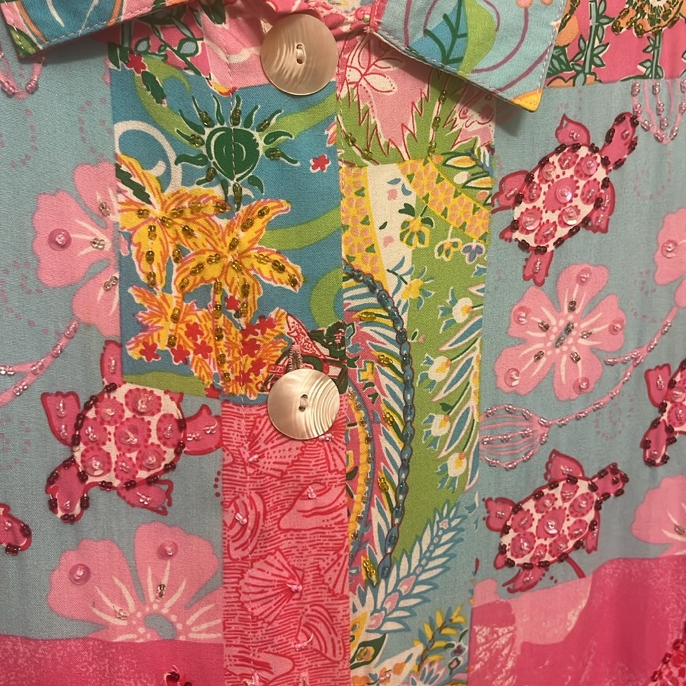 Tropical Resort Turtle Floral Pineapple Palm Tree Giraffe Beaded Top size medium - Picture 6 of 12
